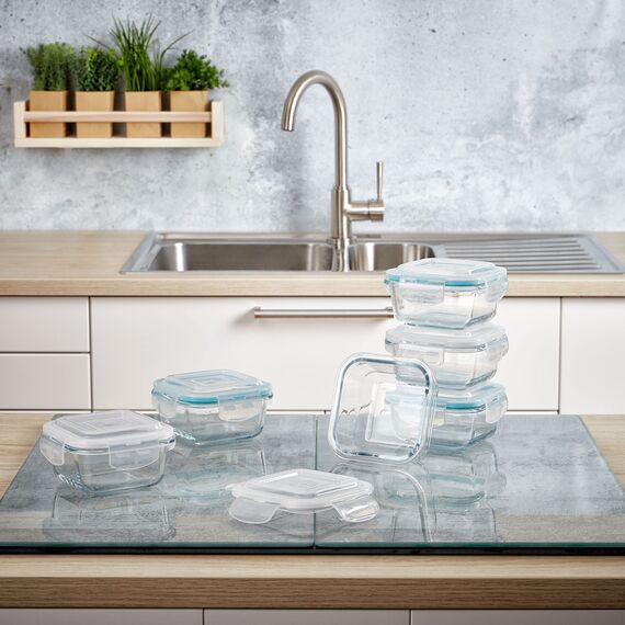 Grizzly Glas Frischhaltedosen, Set 6x 320 ml, luftdicht, quadratisch, Click-Verschluss, vielseitige Vorratsdosen für Ofen, Mikrowelle, Gefrierfach