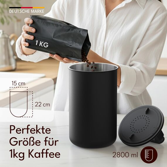 KC Kitchen & Co. Kaffeedose luftdicht für 1 kg Kaffeebohnen – Edelstahl Vorratsdose mit Vakuumdeckel & Aromaverschluss – Aufbewahrungsdose für Kaffee, Tee, Zucker, Müsli Schwarz Matt (2800 ml)