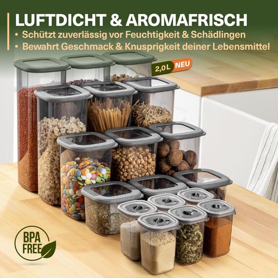 Viwares Vorratsdosen Set 18-teilig – inkl. 2,0L Spaghetti Box & 6 Gewürzdosen mit Dosierdeckel – stapelbare Aufbewahrungsboxen mit Deckel, luftdicht, BPA-frei & 52 Etiketten