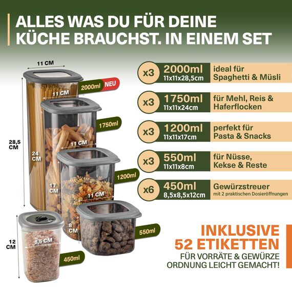 Viwares Vorratsdosen Set 18-teilig – inkl. 2,0L Spaghetti Box & 6 Gewürzdosen mit Dosierdeckel – stapelbare Aufbewahrungsboxen mit Deckel, luftdicht, BPA-frei & 52 Etiketten