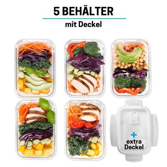Igluu Meal Prep Glas-Frischhaltedosen mit BPA-freiem Deckel (5er-Pack + 1 Ersatzdeckel) – mikrowellen-, ofen-, gefrier-, spülmaschinengeeignet, auslaufsicher – 840 ml - robustes Borosilikatglas