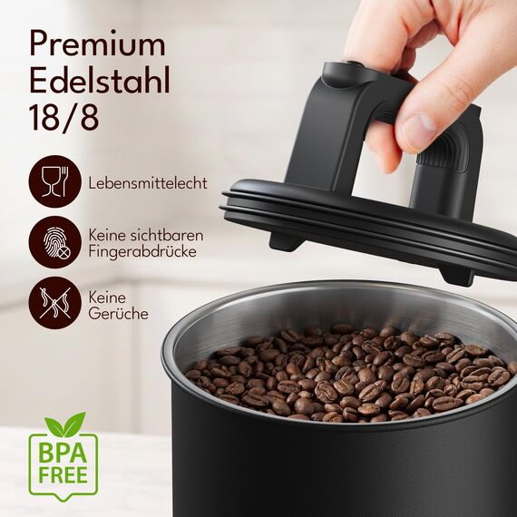 KC Kitchen & Co. Kaffeedose luftdicht für 1 kg Kaffeebohnen – Edelstahl Vorratsdose mit Vakuumdeckel & Aromaverschluss – Aufbewahrungsdose für Kaffee, Tee, Zucker, Müsli Schwarz Matt (2800 ml)