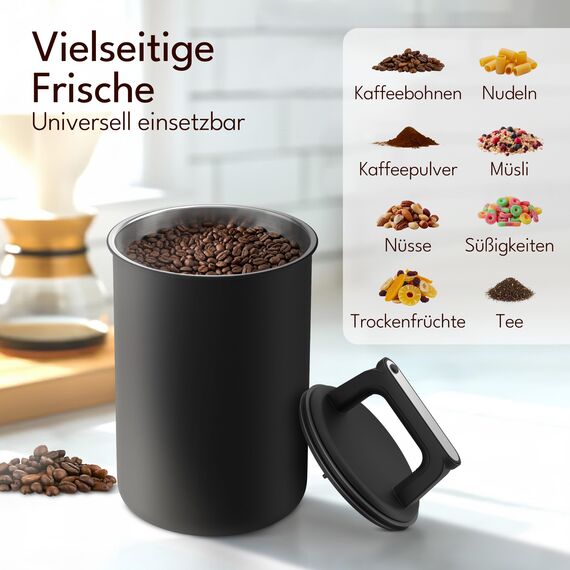 KC Kitchen & Co. Kaffeedose luftdicht für 1 kg Kaffeebohnen – Edelstahl Vorratsdose mit Vakuumdeckel & Aromaverschluss – Aufbewahrungsdose für Kaffee, Tee, Zucker, Müsli Schwarz Matt (2800 ml)