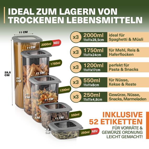 Viwares Vorratsdosen mit Deckel Luftdicht, 15er Vorratsbehälter Set BPA-Frei, Vorratsdose zur Müsli Mehl Aufbewahrung Küche, Praktische Organizer Küche, Frischhaltedosen für Lebensmittelaufbewahrung