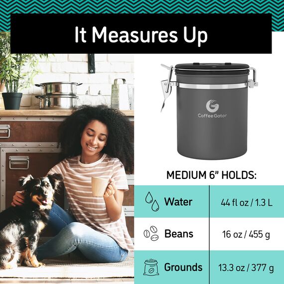 Coffee Gator-Edelstahl-Kaffeedose – Hält gemahlener Kaffee und Bohnen länger frisch – Behälter mit Datumsverfolgung, CO2-Freigabeventil und Messlöffel - Mittel - Grau