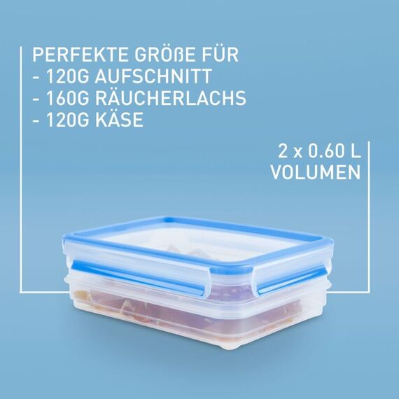 EMSA Clip & Close Frischhaltedose, rechteckig, 2 X 0,6 L, Aufschnittboxsystem mit Deckel, Aufbewahrungsbox, 100 Prozent dicht, spülmaschinen-, gefrier-, mikrowellenfest, Transparent, Blau, 513576