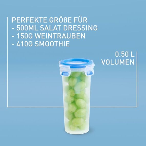 EMSA Clip & Close Trinkbecher, rund, 0,5 L, mit Deckel, Aufbewahrungsbox, 100 Prozent dicht, spülmaschinen-, gefrier-, mikrowellenfest, Transparent, Blau, Made in Germany, 508554