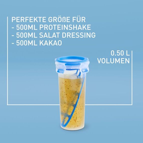 EMSA Clip & Close Mixbecher, rund, 0,5 L, inklusive Mixeinsatz, mit Deckel, Aufbewahrungsbox, 100 Prozent dicht, spülmaschinen-, gefrier-, mikrowellenfest, Transparent, Blau, Made in Germany, 508555