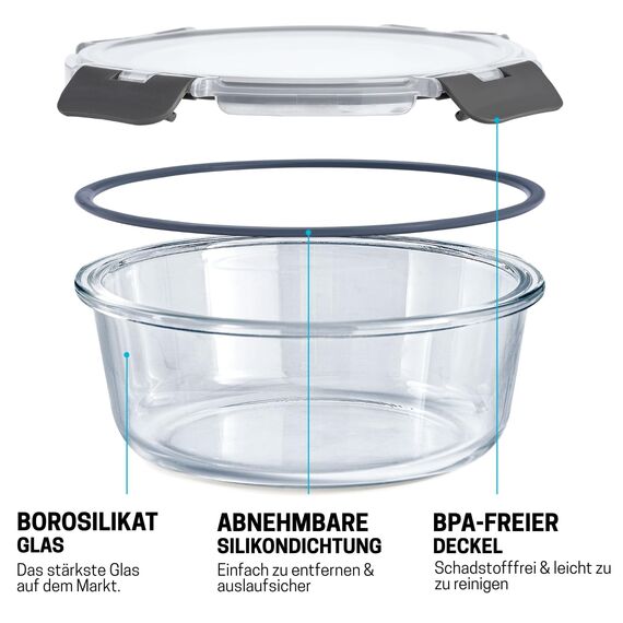 Igluu Meal Prep Runde Glas-Frischhaltedosen mit BPA-freiem Deckel (3er-Pack) – mikrowellen-, ofen-, gefrier-, spülmaschinengeeignet, auslaufsicher – 400 & 650 & 950 ml – robustes Borosilikatglas