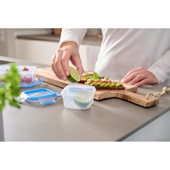EMSA Clip & Close Frischhaltedose, quadratisch, 0,20 L, Aufbewahrungsbox, 100 Prozent dicht, spülmaschinen-, gefrier-, mikrowellenfest, Transparent, Blau, Made in Germany, 508535