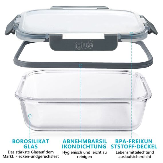 Igluu Meal Prep Glas-Frischhaltedosen mit BPA-freiem Deckel (10er-Pack) – mikrowellen-, ofen-, gefrier-, spülmaschinengeeignet, auslaufsicher – 370 & 1050 ml – robustes Borosilikatglas