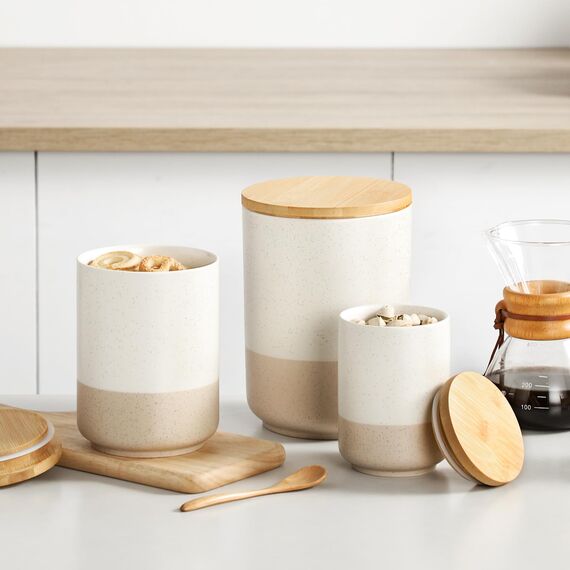 vancasso Vorratsdosen Keramik mit Luftdichten Deckel, Vorratsbehälter 2200 ml/ 1120 ml/ 550 ml, Dauerhaft Küchen Aufbewahrung Dosen für Kaffee, Zucker, Tee, Müsli, Mehl, Gewürze, Beige