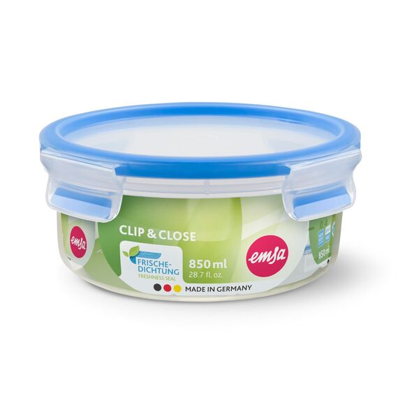 EMSA Clip & Close Frischhaltedose, rund, 0,85 L, mit Deckel, Aufbewahrungsbox, 100 Prozent dicht, spülmaschinen-, gefrier-, mikrowellenfest, Transparent, Blau, Made in Germany, 508552