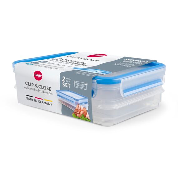 EMSA Clip & Close Frischhaltedose, rechteckig, 2 X 0,6 L, Aufschnittboxsystem mit Deckel, Aufbewahrungsbox, 100 Prozent dicht, spülmaschinen-, gefrier-, mikrowellenfest, Transparent, Blau, 513576