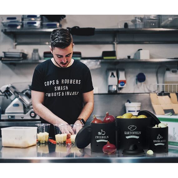 Theo&Cleo Kartoffel Vorratsdosen Set, Kartoffeltopf im Retro Design Zwiebeltopf, Großer Vorratsbehälter aus Metall, Küche Aufbewahrung, Kann Kartoffeln für eine lange Zeit lagern (Schwarz-Set)