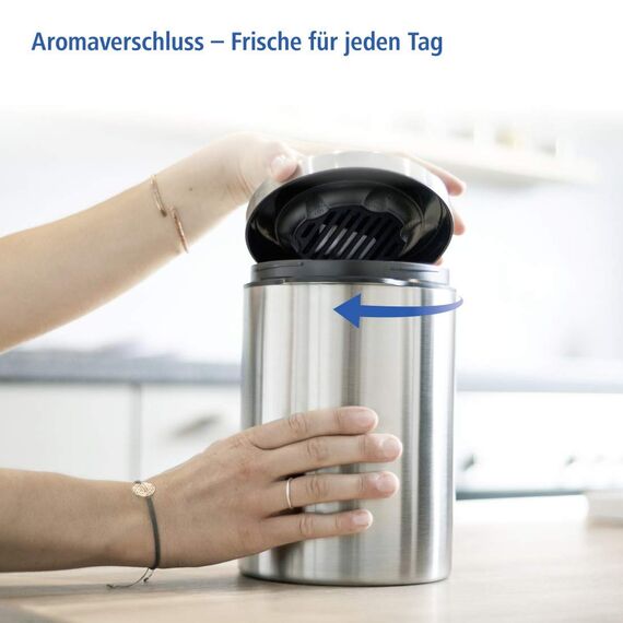 Xavax Kaffeedose luftdicht für 1 kg Kaffeebohnen (Behälter für Kaffee, Tee, Kakao, Nudeln, Edelstahl Dose zur Aufbewahrung mit Aromaverschluss, Vorratsdose für 1000 g Kaffee) silber