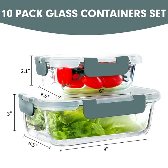VERONES 10 Stück Glas Crisper Set, luftdichte Glas-Lunchbehälter, Abgedichtete & stapelbare Glasbehälter mit Deckel, Gefrierschrank und Spülmaschine, Grau
