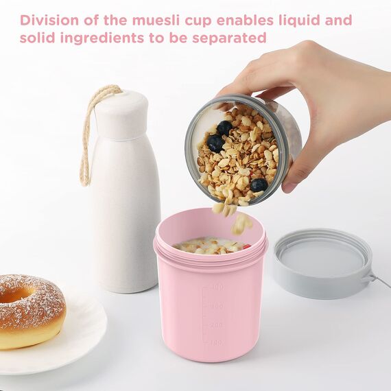 Jim's Store Müslibecher to Go Becher, 560ml+310ml Auslaufsichere Joghurtbecher für Unterwegs-Morandi pink