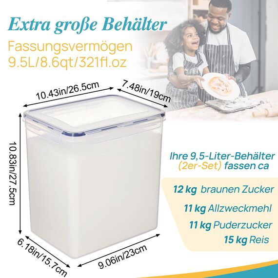 Vtopmart 2er Set Mehl Aufbewahrung 9.5L, Groß Vorratsdosen mit Deckel Luftdicht, BPA Frei, Aufbewahrung Vorratsbehälter, Plastik Aufbewahrungsbox Küche Organizer für Mehl, Zucker, Reis, Müsl