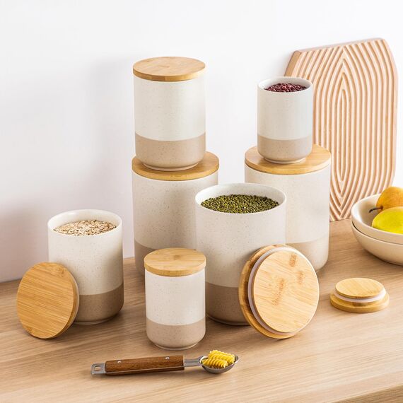 vancasso Vorratsdosen Keramik mit Luftdichten Deckel, Vorratsbehälter 2200 ml/ 1120 ml/ 550 ml, Dauerhaft Küchen Aufbewahrung Dosen für Kaffee, Zucker, Tee, Müsli, Mehl, Gewürze, Beige