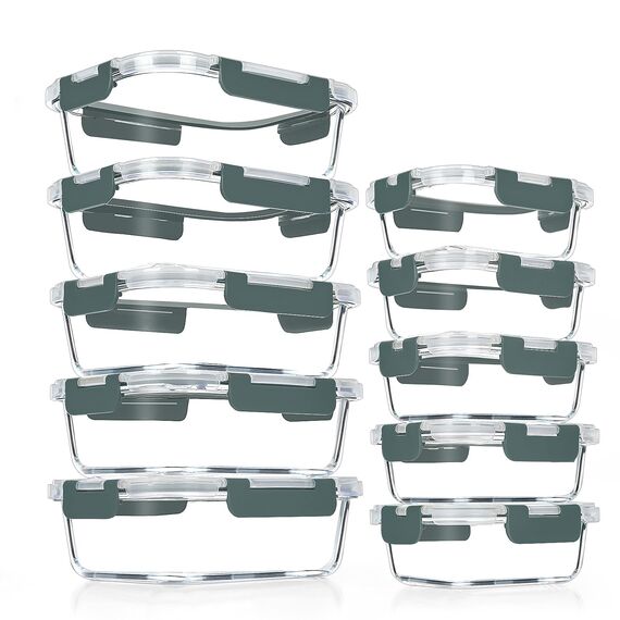 VERONES 10 Stück Glas Crisper Set, luftdichte Glas-Lunchbehälter, Abgedichtete & stapelbare Glasbehälter mit Deckel, Gefrierschrank und Spülmaschine, Grau