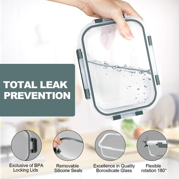 VERONES 10 Stück Glas Crisper Set, luftdichte Glas-Lunchbehälter, Abgedichtete & stapelbare Glasbehälter mit Deckel, Gefrierschrank und Spülmaschine, Grau