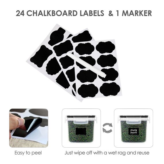 Vtopmart 0.8L Vorratsdosen Set, Müsli Schüttdose & Frischhaltedosen, BPA frei Kunststoff, luftdicht,Trockenfutterbehälter, Satz mit 12, 24 Etiketten für Getreide, Mehl, Zucker (Schwarz)