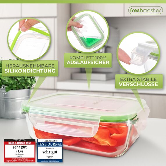 Fresh Master Frischhaltedose Glas Set - Testurteil: SEHR GUT - 100% auslaufsichere + luftdichte Vorratsdosen mit Deckel I Vorratsdosen Glas Meal Prep Boxen Glas Aufbewahrungsbox (18 teilig)
