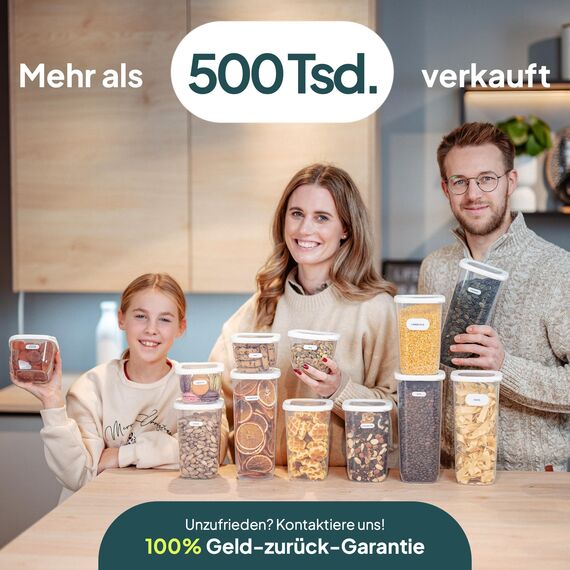 uandu Vorratsdosen mit Deckel luftdicht – 24er Vorratsbehälter Set BPA Frei, Aufbewahrungsdosen Küche für Müsli, Mehl & Zucker, Mit Etiketten