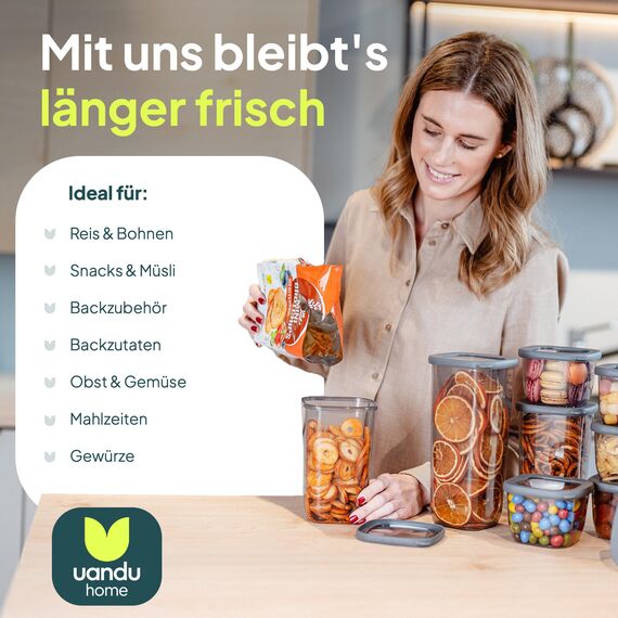 uandu Vorratsdosen mit Deckel luftdicht – 18er Vorratsbehälter Set BPA Frei, Aufbewahrungsdosen Küche für Müsli, Mehl & Zucker, Mit Etiketten