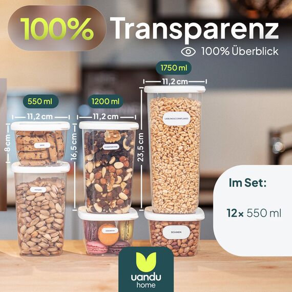 uandu Vorratsdosen mit Deckel luftdicht Klein – 12er Vorratsbehälter Set BPA Frei, Aufbewahrungsdosen Küche für Müsli, Mehl & Zucker, Mit Etiketten
