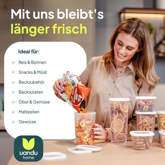 uandu Vorratsdosen mit Deckel luftdicht – 18er Vorratsbehälter Set BPA Frei, Aufbewahrungsdosen Küche für Müsli, Mehl & Zucker, Mit Etiketten