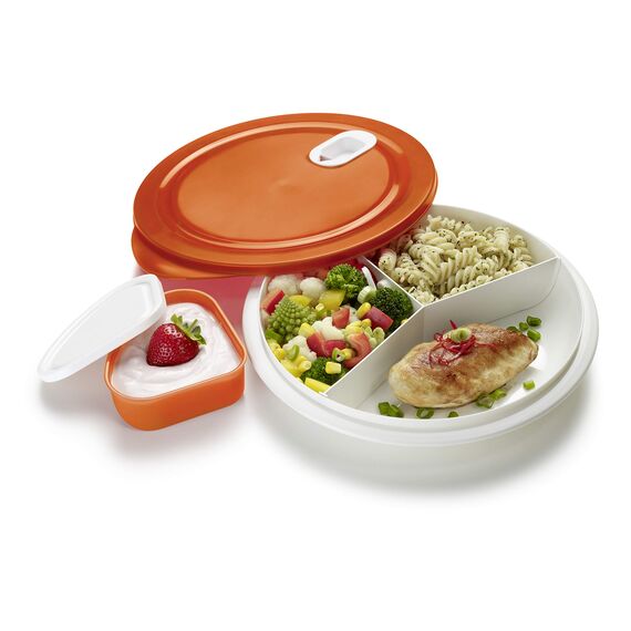 Rotho XL Clever Mikrowellenteller 1.2l mit Deckel und Unterteilung, Kunststoff (PP) BPA-frei, weiss/rot, 1.2l (26.0 x 26.0 x 4.8 cm)