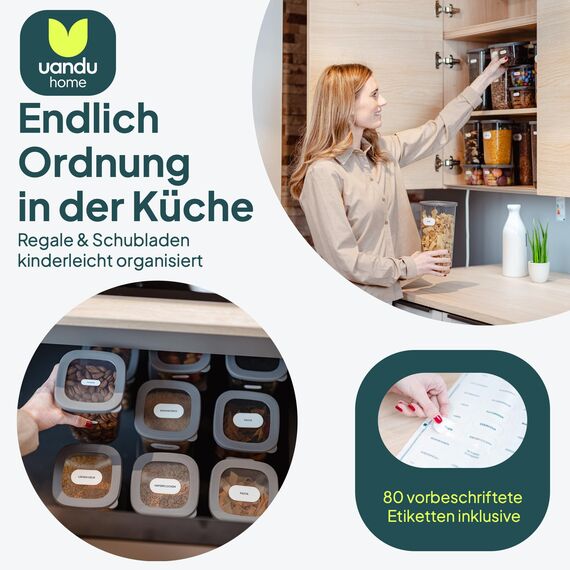 uandu Vorratsdosen mit Deckel luftdicht – 12er Vorratsbehälter Set BPA Frei, Aufbewahrungsdosen Küche für Müsli, Mehl & Zucker, Mit Etiketten