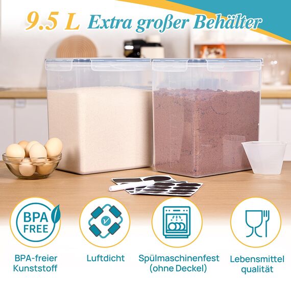 Vtopmart 2er Set Mehl Aufbewahrung 9.5L, Groß Vorratsdosen mit Deckel Luftdicht, BPA Frei, Aufbewahrung Vorratsbehälter, Plastik Aufbewahrungsbox Küche Organizer für Mehl, Zucker, Reis, Müsl