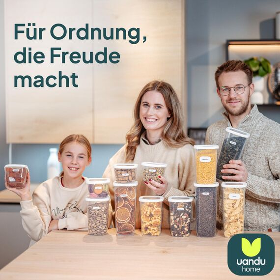 uandu Vorratsdosen mit Deckel luftdicht Klein – 12er Vorratsbehälter Set BPA Frei, Aufbewahrungsdosen Küche für Müsli, Mehl & Zucker, Mit Etiketten