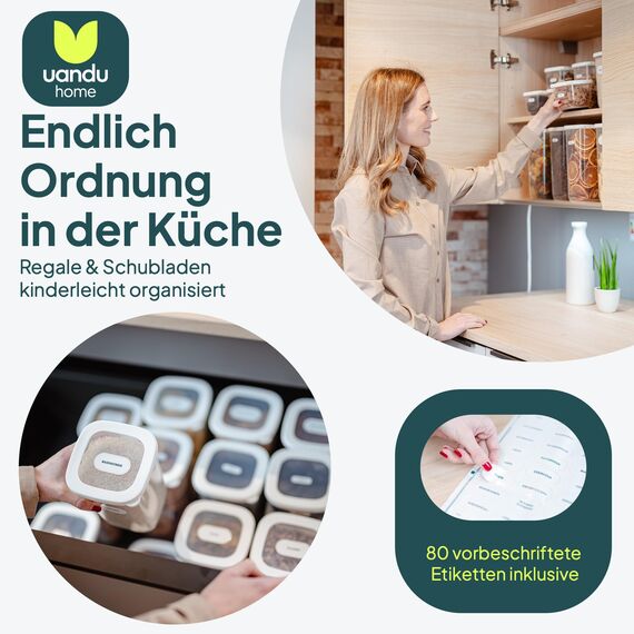 uandu Vorratsdosen mit Deckel luftdicht – 24er Vorratsbehälter Set BPA Frei, Aufbewahrungsdosen Küche für Müsli, Mehl & Zucker, Mit Etiketten