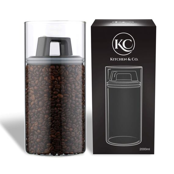 Kitchen&CO. Kaffeedose mit Vakuumdeckel, Luftdichte Aufbewahrung, Vorratsdose luftdicht, Kaffeedose aus Glas, BPA-frei, Borosilikatglas Behälter, nachhaltige Aufbewahrung, (2000 ml)