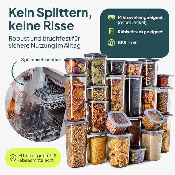 uandu Vorratsdosen mit Deckel luftdicht – 24er Vorratsbehälter Set BPA Frei, Aufbewahrungsdosen Küche für Müsli, Mehl & Zucker, Mit Etiketten