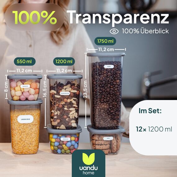 uandu Vorratsdosen mit Deckel luftdicht – 12er Vorratsbehälter Set BPA Frei, Aufbewahrungsdosen Küche für Müsli, Mehl & Zucker, Mit Etiketten
