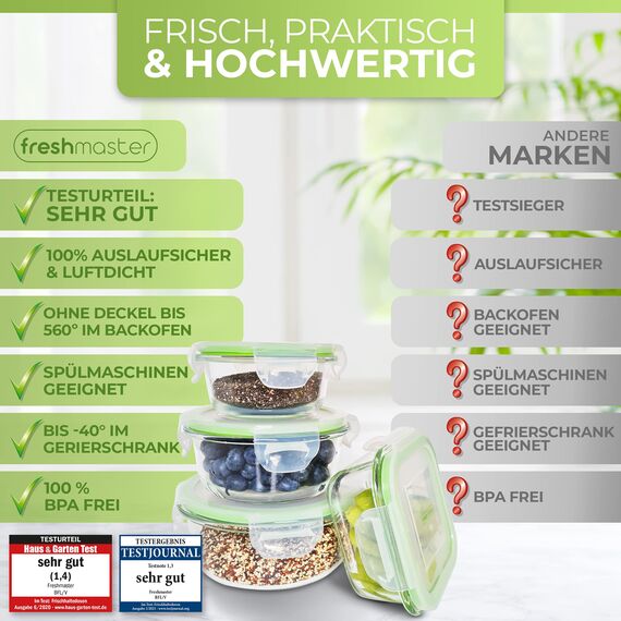 Fresh Master Frischhaltedose Glas Set - Testurteil: SEHR GUT - 100% auslaufsichere + luftdichte Vorratsdosen mit Deckel I Vorratsdosen Glas Meal Prep Boxen Glas Aufbewahrungsbox (18 teilig)