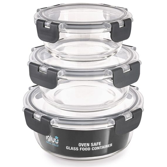 Igluu Meal Prep Runde Glas-Frischhaltedosen mit BPA-freiem Deckel (3er-Pack) – mikrowellen-, ofen-, gefrier-, spülmaschinengeeignet, auslaufsicher – 400 & 650 & 950 ml – robustes Borosilikatglas