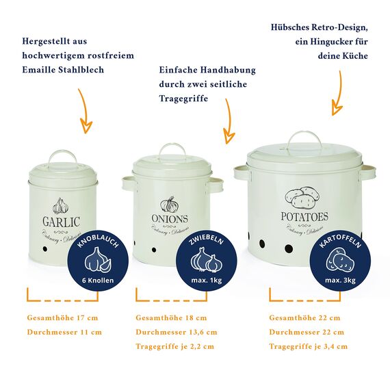 HIKITCHEN® Vorratsbehälter-Set für länger frisches Gemüse (creme weiß) - Stilvolle Kartoffel-, Knoblauch- und Zwiebel-box/topf - Gemüsebehälter