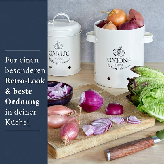 HIKITCHEN® Vorratsbehälter-Set für länger frisches Gemüse (creme weiß) - Stilvolle Kartoffel-, Knoblauch- und Zwiebel-box/topf - Gemüsebehälter