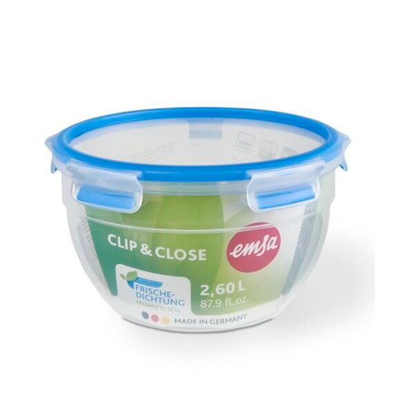 EMSA Clip & Close Frischhaltedose, rund, 2,6 L, Aufbewahrungsbox, 100 Prozent dicht, spülmaschinen-, gefrier-, mikrowellenfest, Transparent, Blau, Made in Germany, N10114