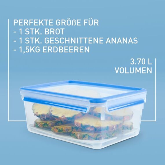EMSA Clip & Close Frischhaltedose, rechteckig, 3,7 L, Aufbewahrungsbox, 100 Prozent dicht, spülmaschinen-, gefrier-, mikrowellenfest, Transparent, Blau, Made in Germany, 512888
