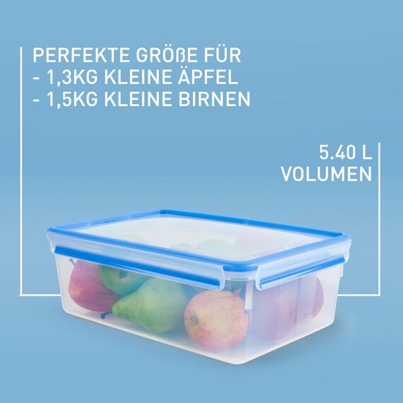 EMSA Clip & Close Frischhaltedose, rechteckig, 5,4 L, mit Deckel, Aufbewahrungsbox, 100 Prozent dicht, spülmaschinen-, gefrier-, mikrowellenfest, Transparent, Blau, Made in Germany, 508547