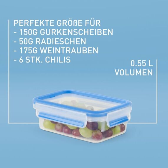EMSA Clip & Close Frischhaltedosen-Set, rechteckig, 3 x 0,55 L, Aufbewahrungsboxen, 100 Prozent dicht, spülmaschinen-, gefrier-, mikrowellenfest, Transparent, Blau, Made in Germany, 508570