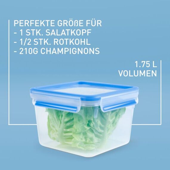 EMSA Clip & Close Frischhaltedose, quadratisch, 1,75 L, mit Deckel, Aufbewahrungsbox, 100 Prozent dicht, spülmaschinen-, gefrier-, mikrowellenfest, Transparent, Blau, Made in Germany, 508537
