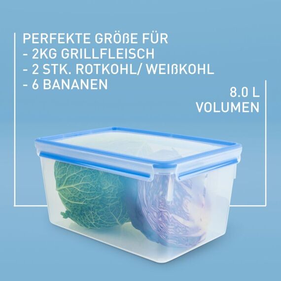EMSA Clip & Close Frischhaltedose, rechteckig, 8 L, mit Deckel, Aufbewahrungsbox, 100 Prozent dicht, spülmaschinen-, gefrier-, mikrowellenfest, Transparent, Blau, Made in Germany, 508548